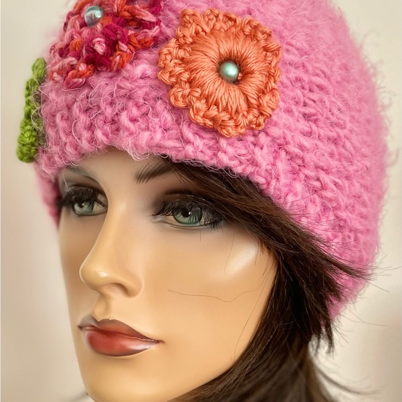 Hand Knits 2 Love Headband Headwrap Bandana Earwarmer Flower Bead Pink Designer main image 4